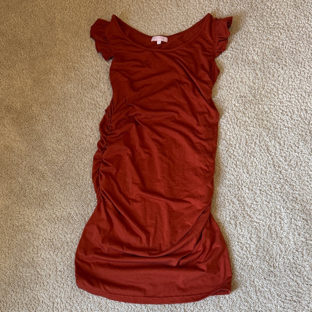 Rust Red Ruched Maternity Dress